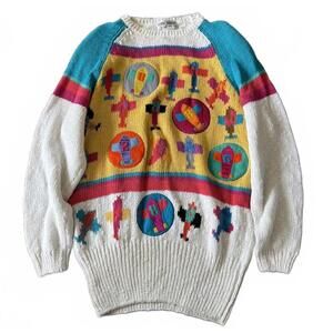 Bonnie Boerer Green Striped Airplane Cityscape Sweater 80s Novelty S/P